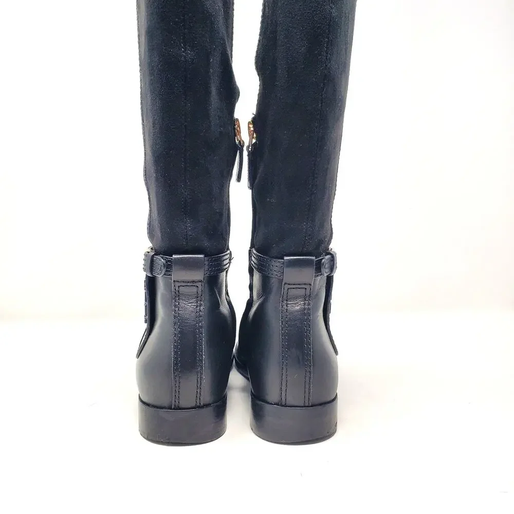 Tory Burch Wyatt Over The Knee Riding Boots Leather Black Logo 40791 Size 7